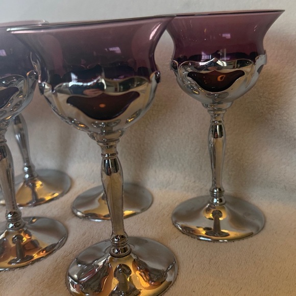 Vintage Silver Pedestal with glass amethyst Coupe Glasses Set of 6 - Picture 5 of 5